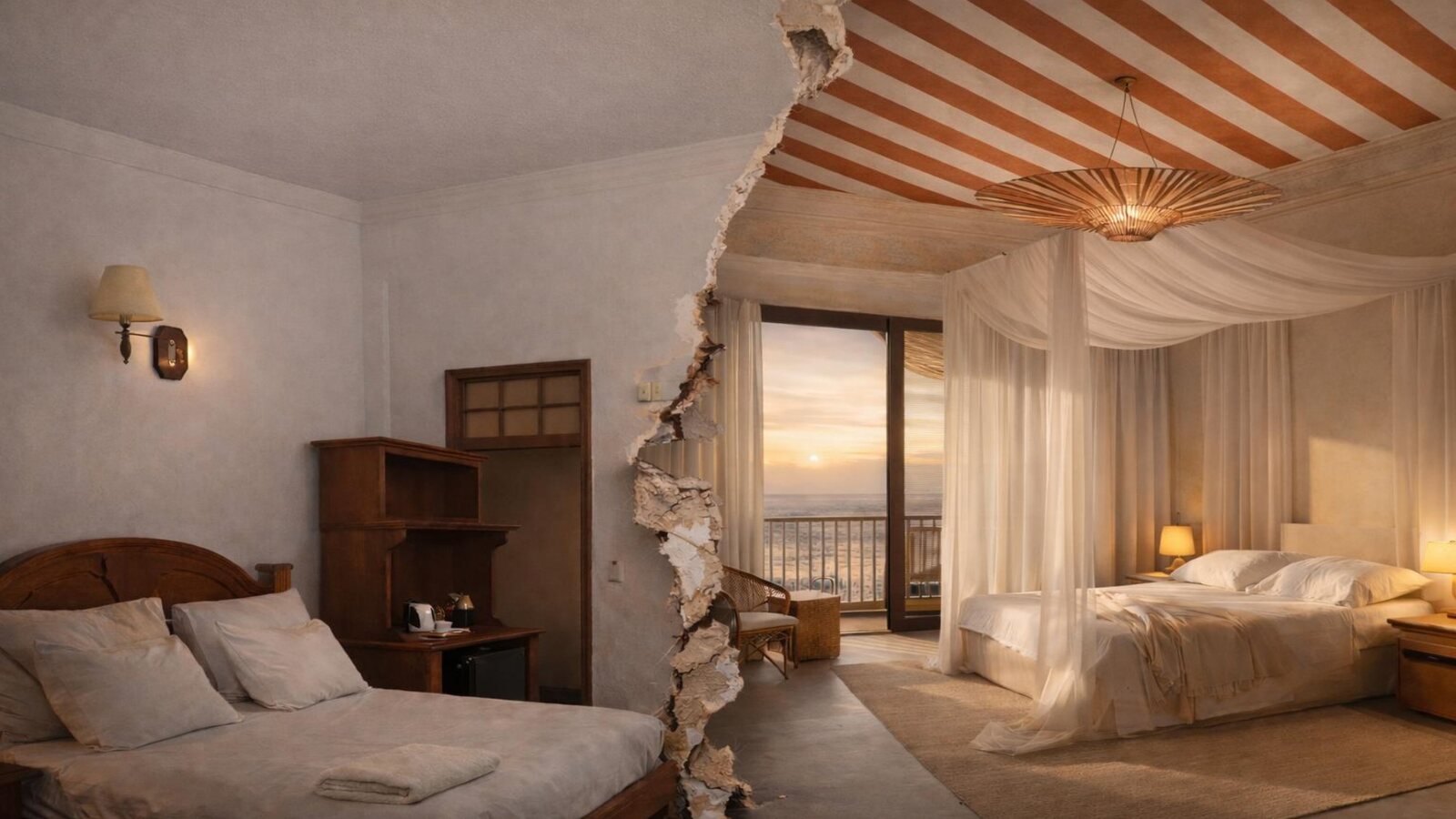 Interior concept showing a heritage hotel room opening to the sea